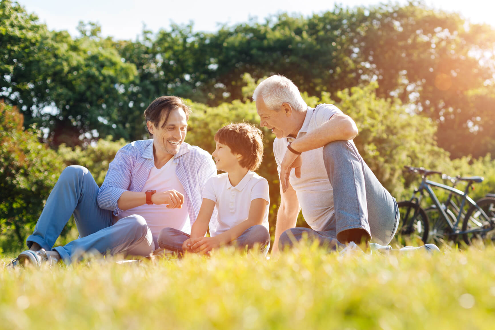 a family sitting in the grass