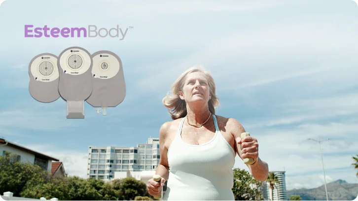 Image of woman running with new Esteem Body Product shown overlaid in the corner